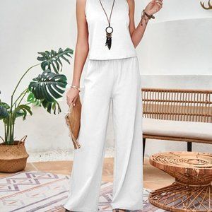 White Sleeveless Top & Elastic-Waist Pants